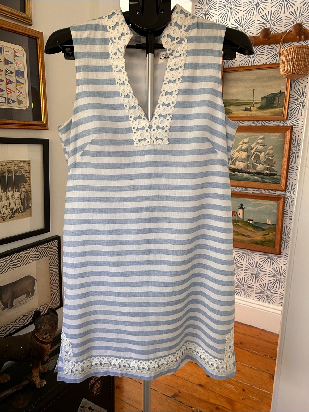 Eliza J Striped Sleeveless Linen Shift Dress with Eyelet Trim - Blue & White